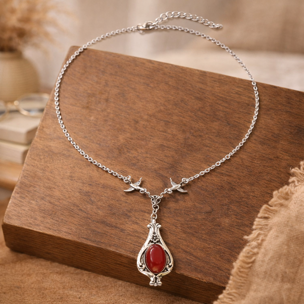 Vintage Silver Red Stone Pendant Necklace