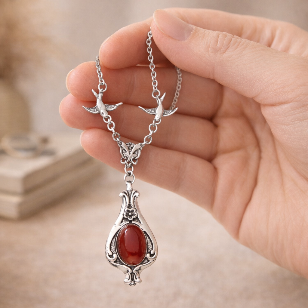 Vintage Silver Red Stone Pendant Necklace