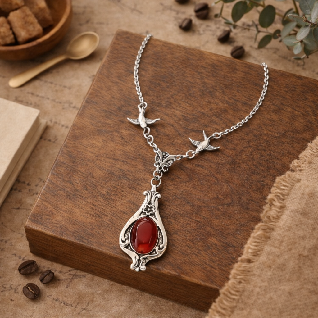Vintage Silver Red Stone Pendant Necklace
