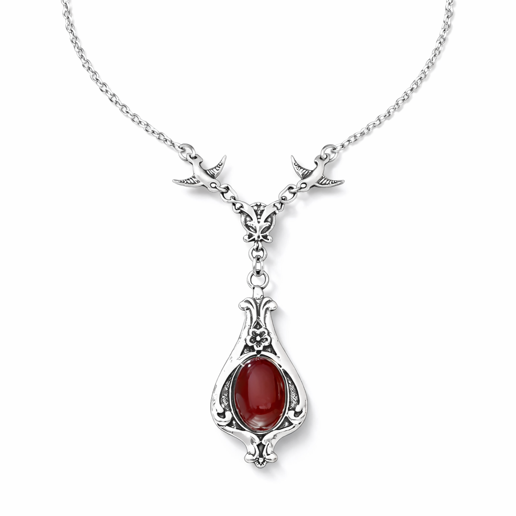 Vintage Silver Red Stone Pendant Necklace