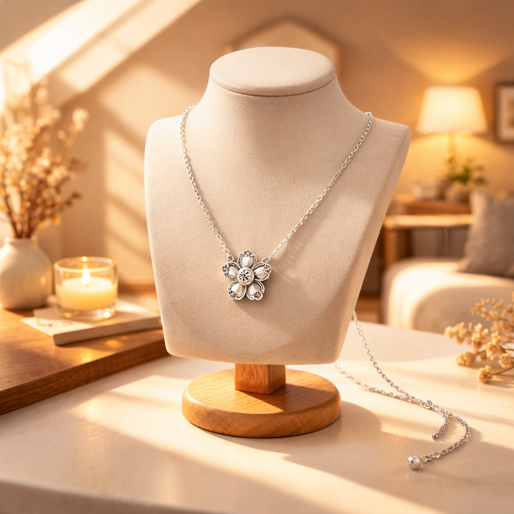 Vintage Silver Flower Pendant Necklace