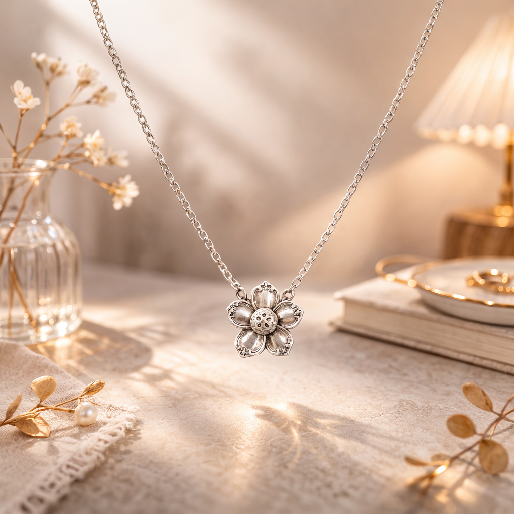 Vintage Silver Flower Pendant Necklace