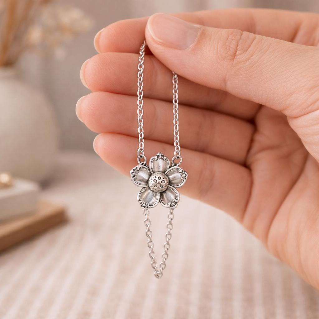 Vintage Silver Flower Pendant Necklace