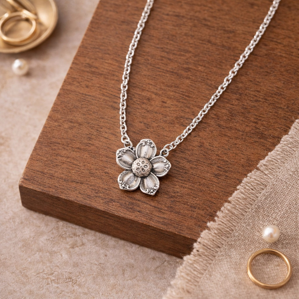 Vintage Silver Flower Pendant Necklace