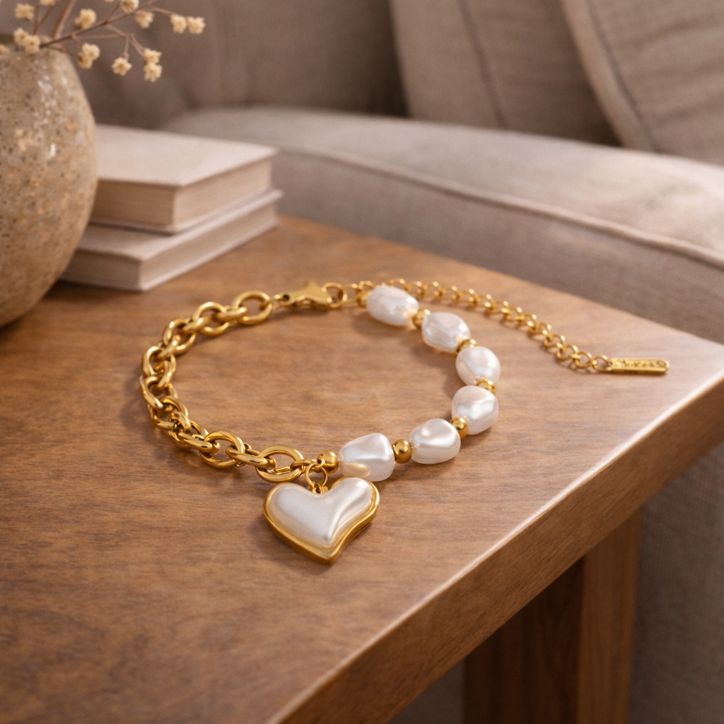 Gold & Pearl Heart Charm Bracelet