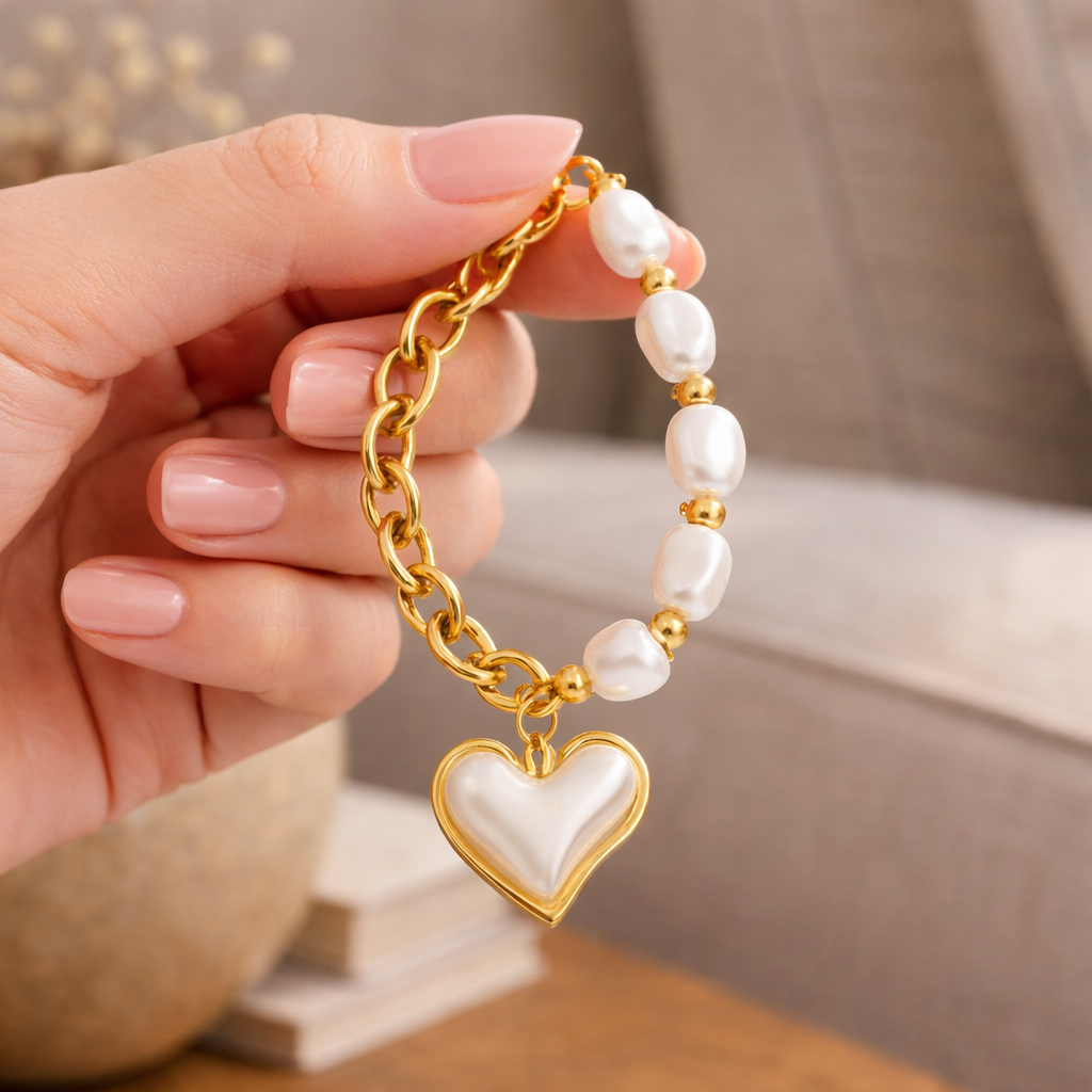 Gold & Pearl Heart Charm Bracelet