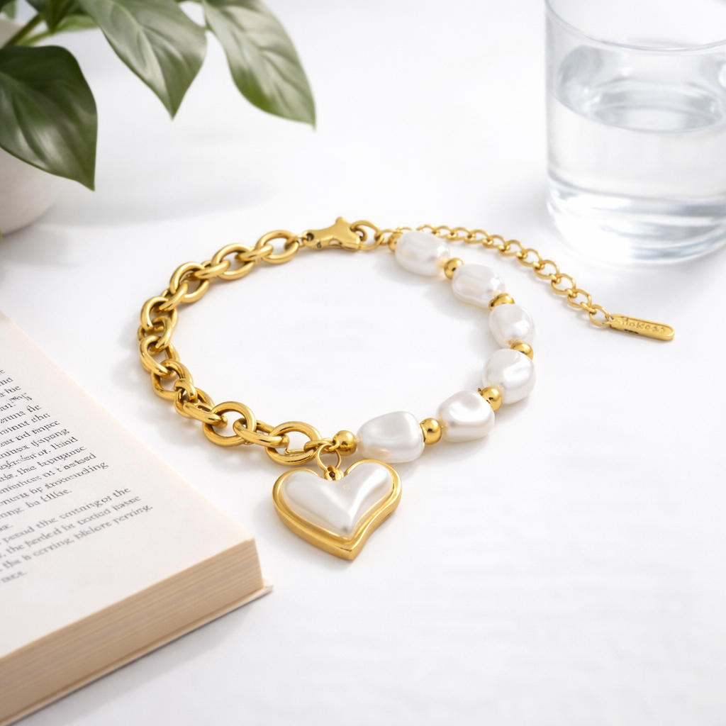 Gold & Pearl Heart Charm Bracelet