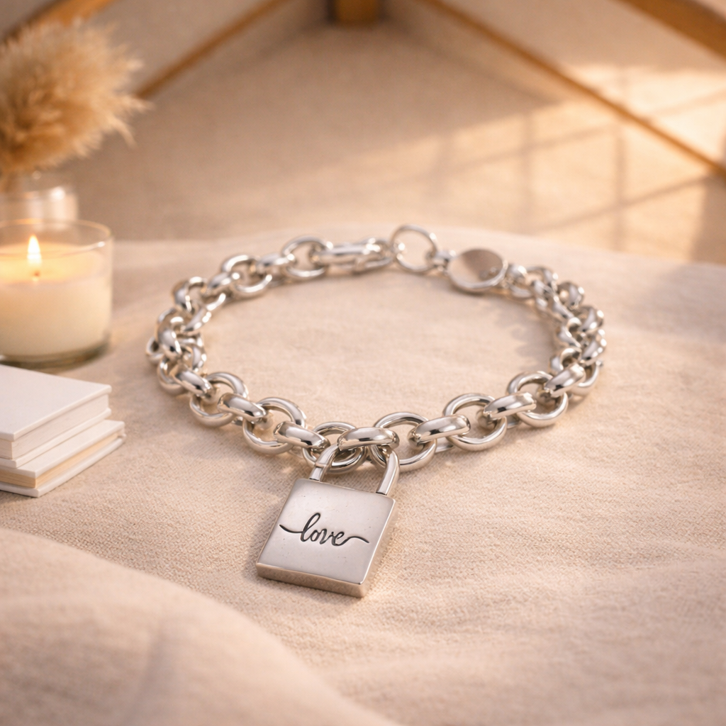 Silver Love Lock Chain Bracelet